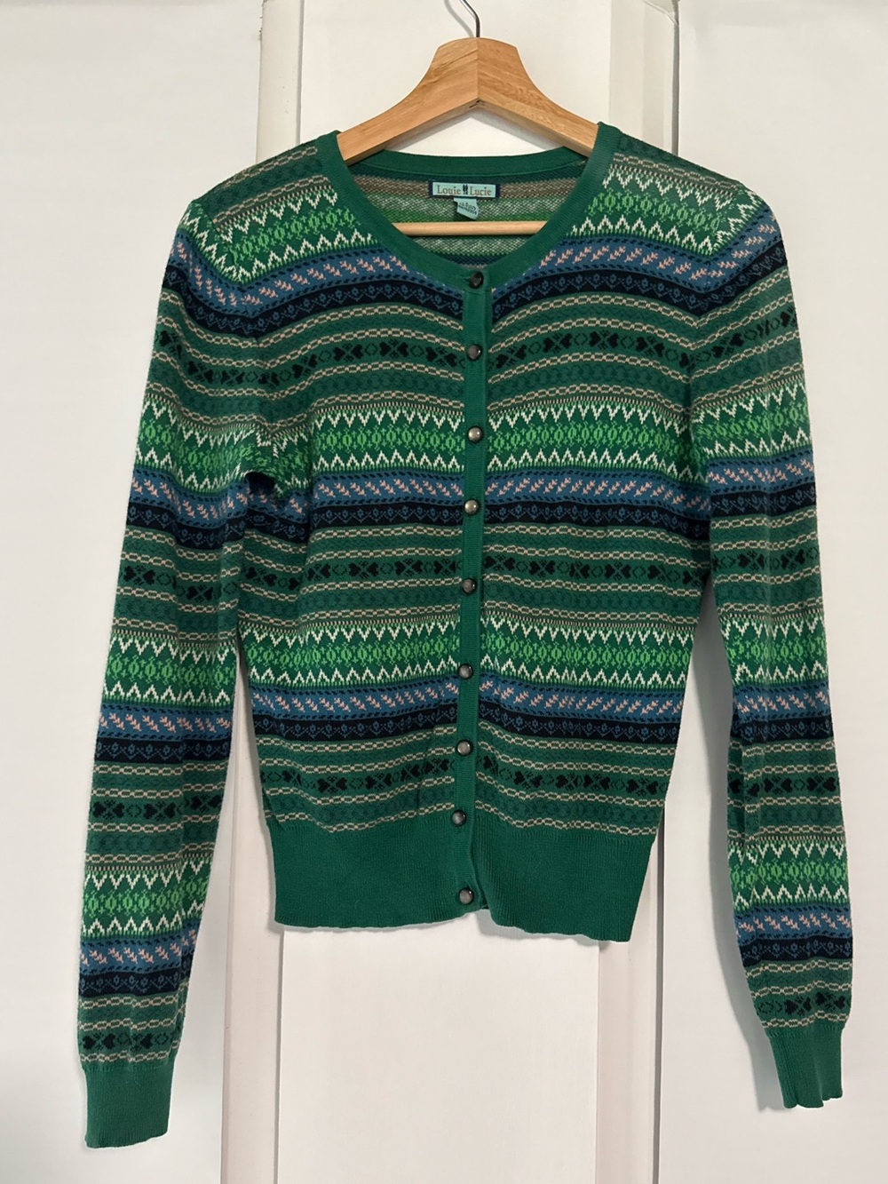 King Louie cardigan vibrant green fair isle pattern 100% Cotton Sz M